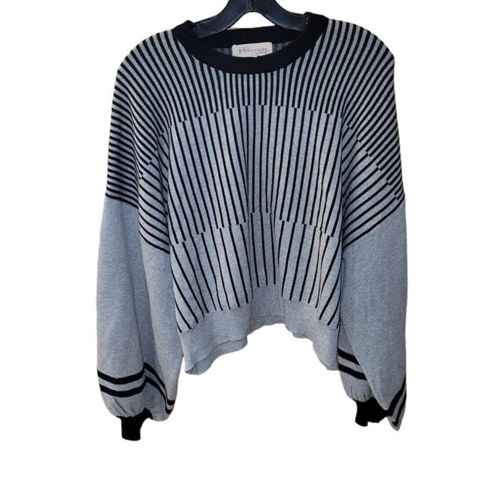 Philosophy Balloon Sleeve Crewneck Sweater Black Gray Stripe Size Medium